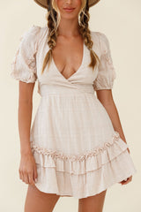 Andes Puff Sleeve Key-Hole Back Dress Beige