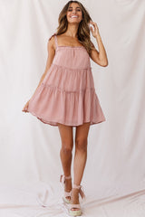 Dolly Layered Ruffle Tied Shoulder Strap Dress Rose