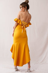 Cloud 9 Bardot Neckline Corset Back Dress Mustard