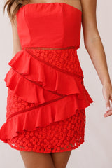 Aramis Strapless Lace & Ruffle Detail Dress Red