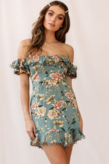 Bobby Bardot Neckline Puff Sleeve Dress Olive