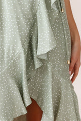 Blessed Wrap Ruffle Hem Midi Dress Dot Print Olive