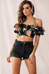 Dallas Halterneck Ruffle Sleeve Crop Top Floral Print Black