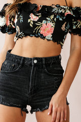 Dallas Halterneck Ruffle Sleeve Crop Top Floral Print Black
