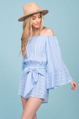 Brisk Bell Sleeve Romper Blue & White | Sophisticated | Selfie Leslie
