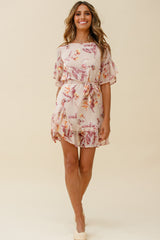 Azealia Ruffle Hem Dress Botanic Print Beige