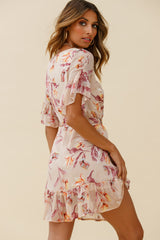 Azealia Ruffle Hem Dress Botanic Print Beige