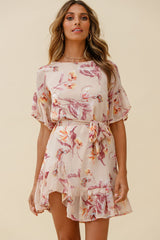 Azealia Ruffle Hem Dress Botanic Print Beige