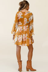 Cutie Pie Long Sleeve Babydoll Dress Rose Print Mustard