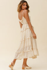 Daybreak Frill Trim String Tie Waist Midi Dress Floral Print Beige