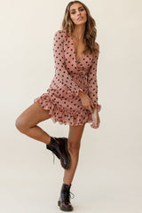 Breckin Long Sleeve Double Frill Hem Dress Polka Dot Print Rust