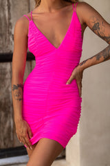 Dancing Queen Strappy Back Ruched Mesh Dress Hot Pink