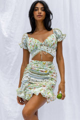 Azure Sky Ruched Mini Skirt Printed Green