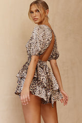 By My Side Puff Sleeve Open Back Romper Animal Print Beige