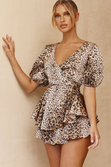 By My Side Puff Sleeve Open Back Romper Animal Print Beige