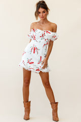 Bobby Bardot Neckline Puff Sleeve Dress Flower Spring Print White