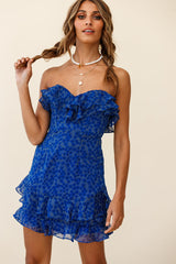 Beth Sweetheart Neckline Strapless Ruffle Dress Flower Print Blue