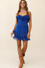 Beth Sweetheart Neckline Strapless Ruffle Dress Flower Print Blue
