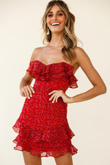 Beth Sweetheart Neckline Strapless Ruffle Dress Flower Print Red