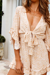 Athira Tied Bust Flared Sleeve Frill Romper Floral Print Yellow