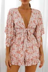Athira Tied Bust Flared Sleeve Romper Floral Stencil Print Pink
