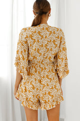 Athira Tied Bust Flared Sleeve Floral Stencil Print Romper Yellow