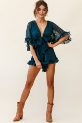 Athira Tied Bust Flared Sleeve Frill Romper Teal