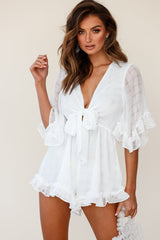 Athira Tied Bust Flared Sleeve Frill Romper White