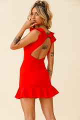 Dinner At 8 Cut-Out Bust Ruffle Shoulder Dress Red