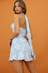 Champagne Showers Halterneck Slip Mini Dress Floral Pattern Blue