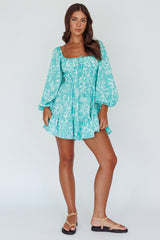 Amilie Shirred Long Sleeve Dress Floral Green