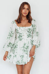 Amilie Shirred Long Sleeve Dress Floral White/Olive
