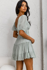 Camille Gathered Bodice Puff Sleeve Flounce Hem Mini Dress Sage