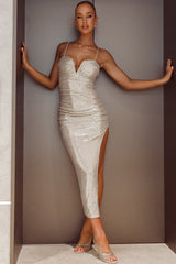Dancing In September Thigh Split Sequin Dress Silver