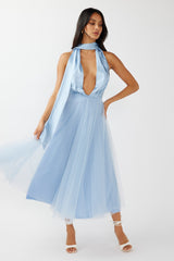 Darci Plunging Neckline Tulle Midi Dress Blue