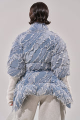 RIB SLEEVE PEPLUM PUFFER IN DENIM