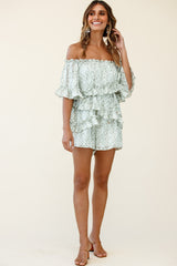 Astoria Bardot Neckline Frill Romper Floral Print Green