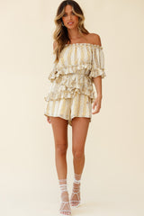 Astoria Bardot Neckline Frill Romper Floral & Stripe Print Yellow