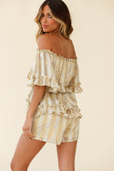 Astoria Bardot Neckline Frill Romper Floral & Stripe Print Yellow