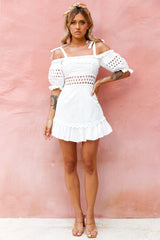Danella Puff Sleeve Tied Shoulder Dress White
