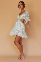 Fancy Free Puff Sleeve Cut-Out Dress Floral Green