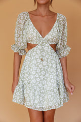 Fancy Free Puff Sleeve Cut-Out Dress Floral Green