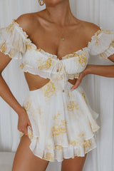 Fancy Free String Tie Cut-Out Waist Romper Floral Yellow