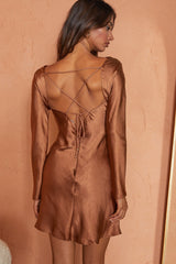 Audrey Boat Neckline Lace-Up Back Satin Mini Dress Chocolate