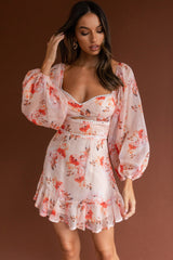 Catch Feelings Sweetheart Neckline Dot Trim Dress Rose Print Orange