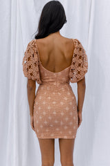 Catch Feelings Sweetheart Neckline Crochet Lace Overlay Dress Mocha