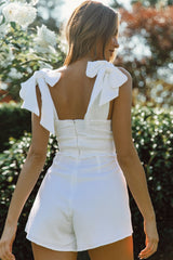 Break Of Dawn Bow Shoulder Shirred Waist Romper White