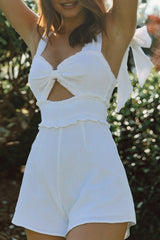 Break Of Dawn Bow Shoulder Shirred Waist Romper White