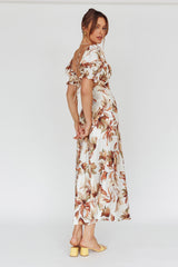 Brigita Tied Back Midi Dress Floral Brown
