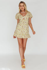 Connie Puff Sleeve Mini Dress Floral Olive